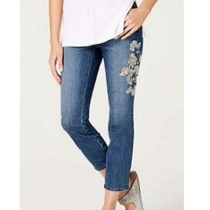 J Jill Authentic Fit Cropped Floral Embroidered Jeans Blue Boho Stretch Size 6